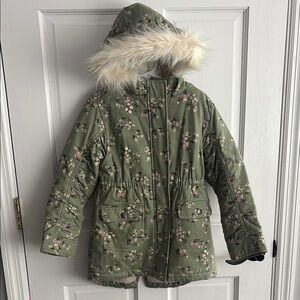 The Children's Place Green and Pink Puffer Jacket with Faux Fur Hood